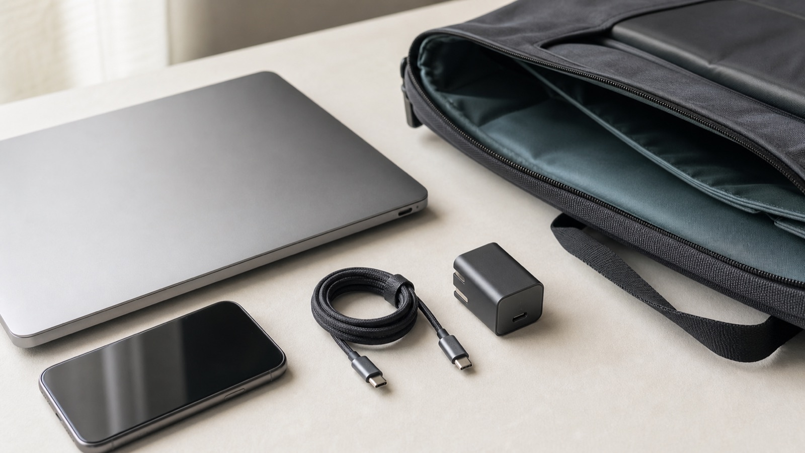 ノートPC、スマートフォン、小型USB-C充電器を通勤バッグのそばに並べた説明用写真