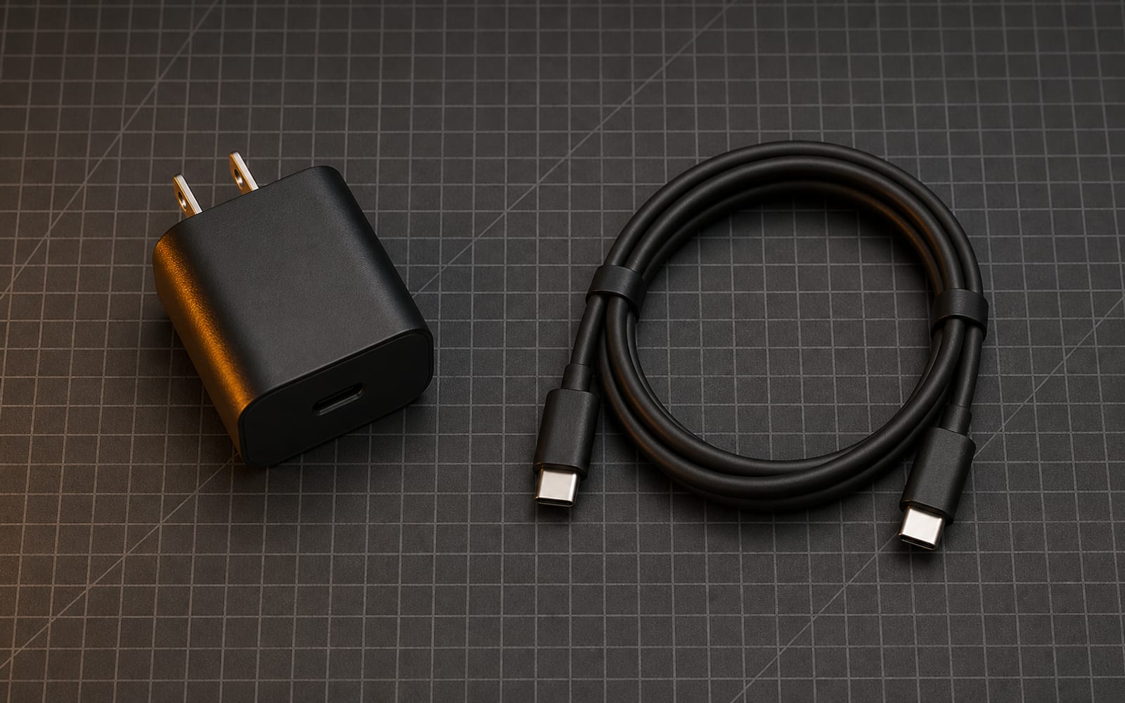 USB-C充電器とケーブルを点検台に並べた原因切り分け用イメージ