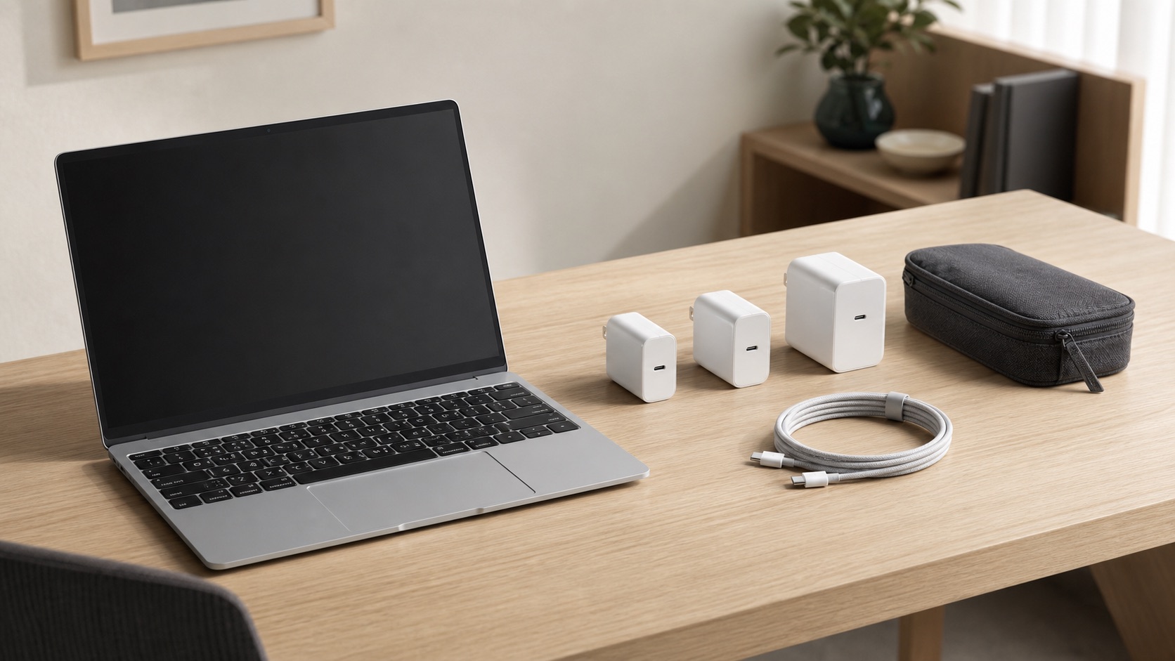 ノートPCと大きさの異なる3台のUSB-C充電器を机に並べた説明用写真
