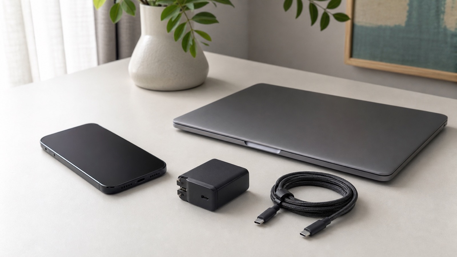 スマートフォン、ノートPC、USB-C充電器、ケーブルを机に並べた説明用写真