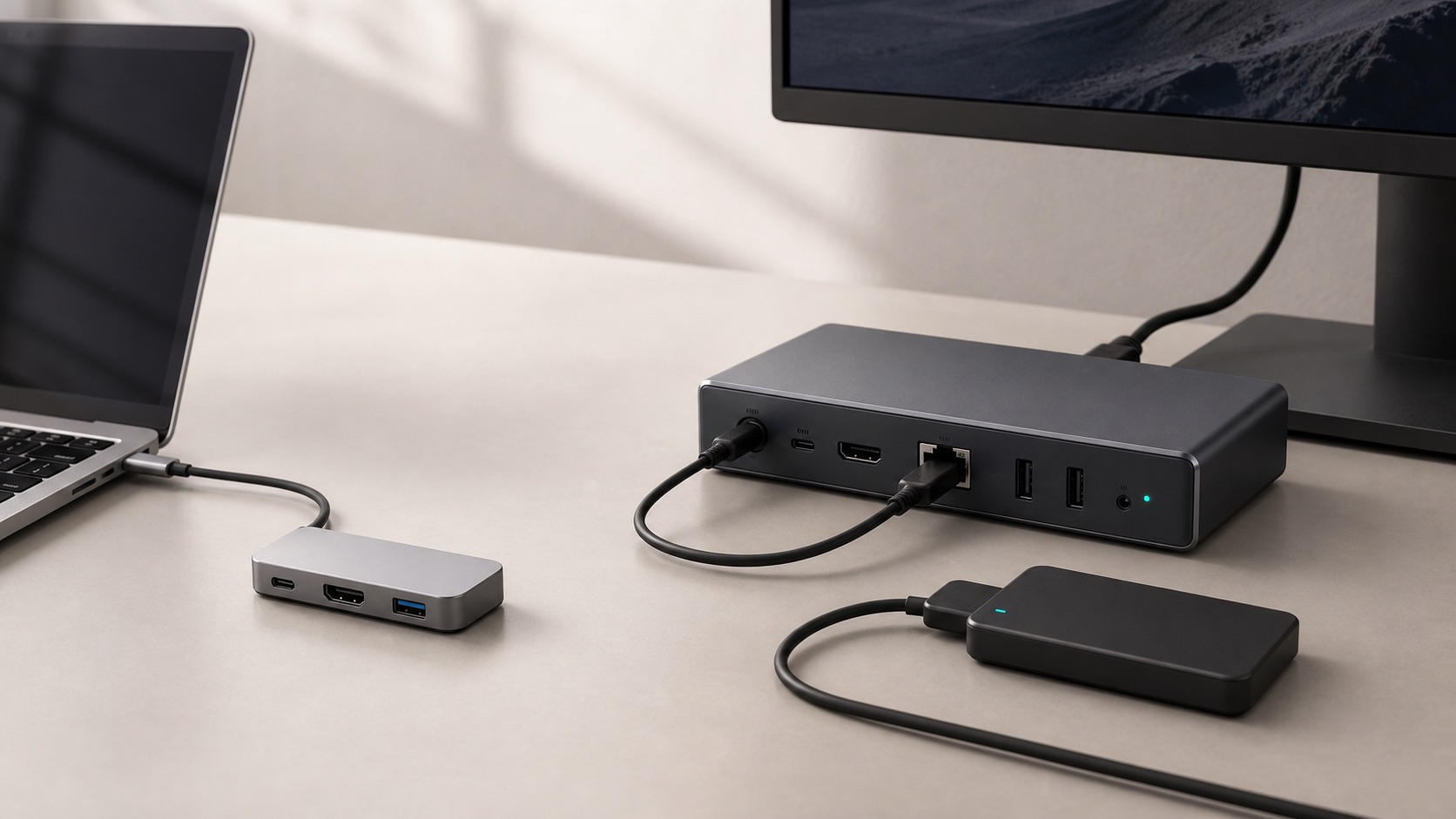 小型の携帯用USB-Cハブと大きな据え置きドックを机上で比較した説明用画像