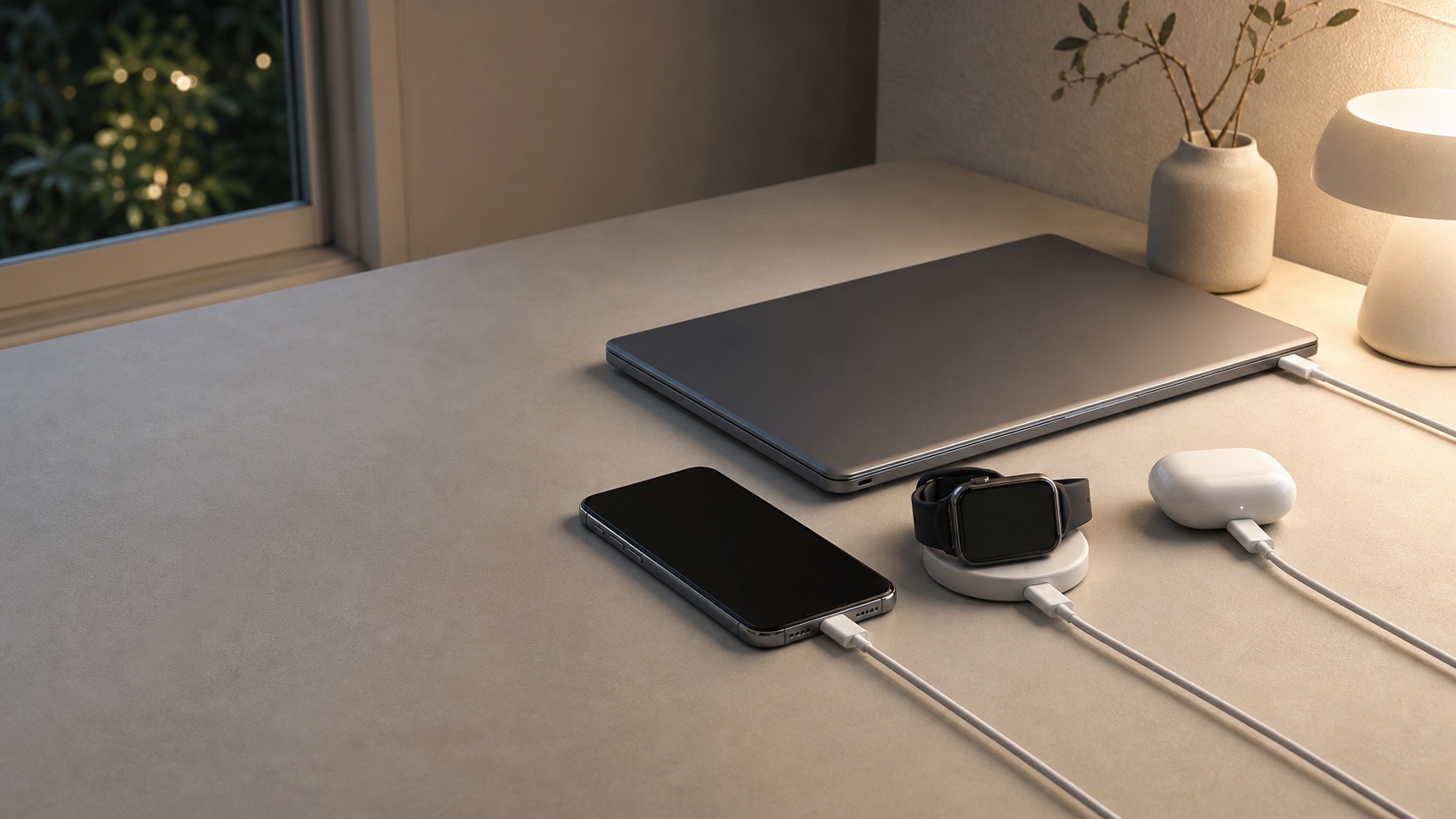 ノートPC、スマートフォン、スマートウォッチ、イヤホンを同時に充電する説明用デスク写真