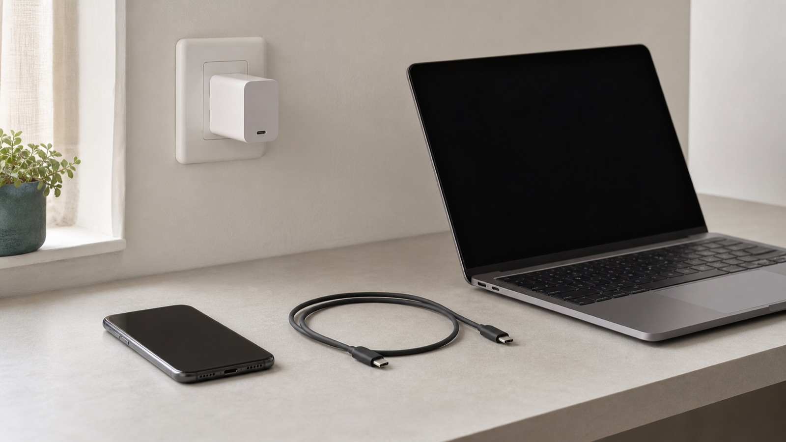 ノートPCと壁のUSB-C電源アダプターを見比べる説明用のデスク写真