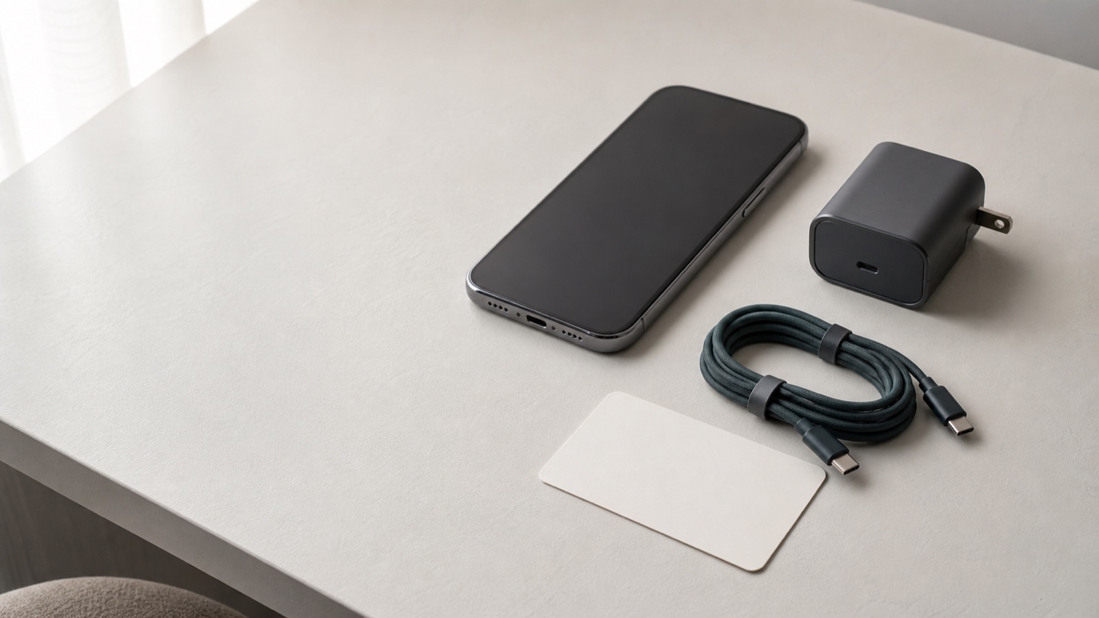 スマートフォン、USB-C充電器、ケーブルを並べた説明用のデスク写真