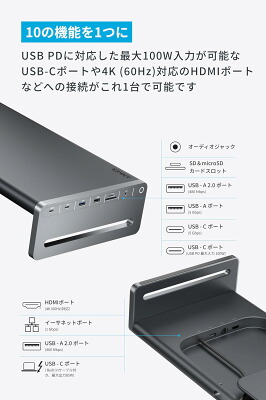 Anker USB-C ハブ (10-in-1, Monitor Stand)の前後に分けた10機能